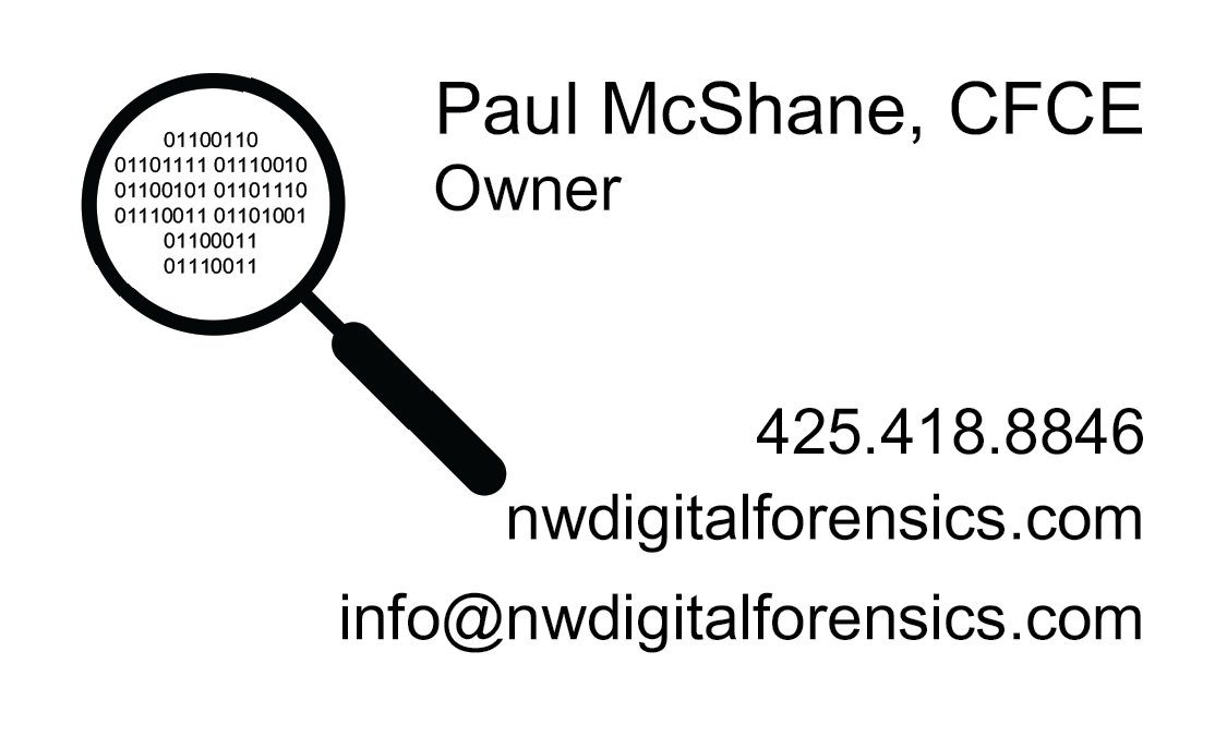 Northwest Digital Forensics, LLC business card back