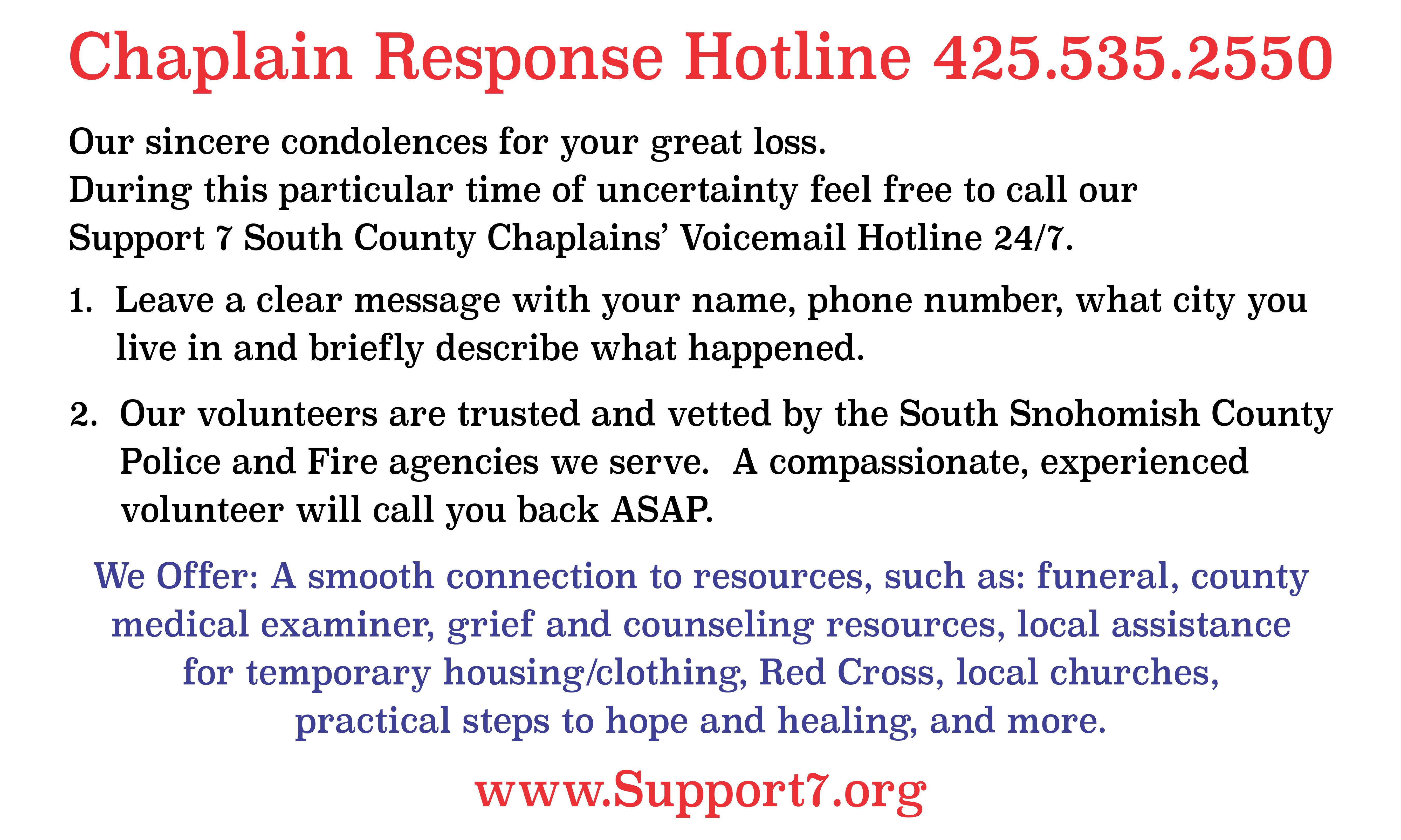 Support 7 Chaplain Hotline business card back